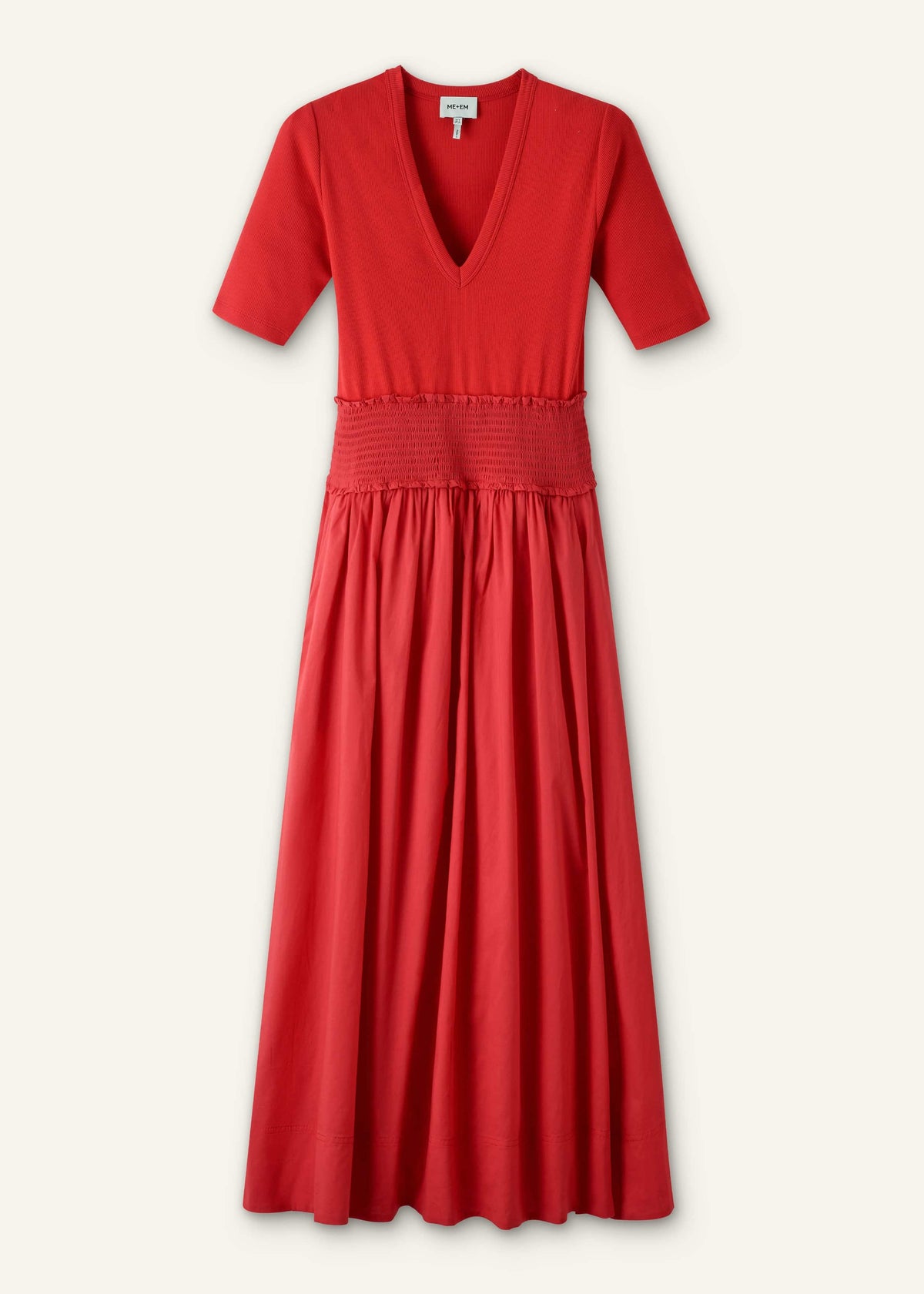 Red V-Neck Smocked Skirt Mixed Media Maxi Dress | ME+EM