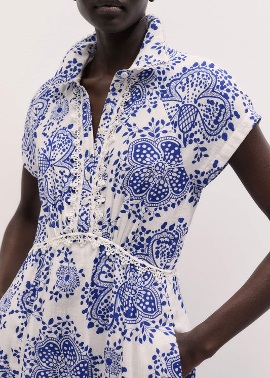 White Cheesecloth Fit + Flare In-Full-Bloom Print Midi Dress | ME+EM