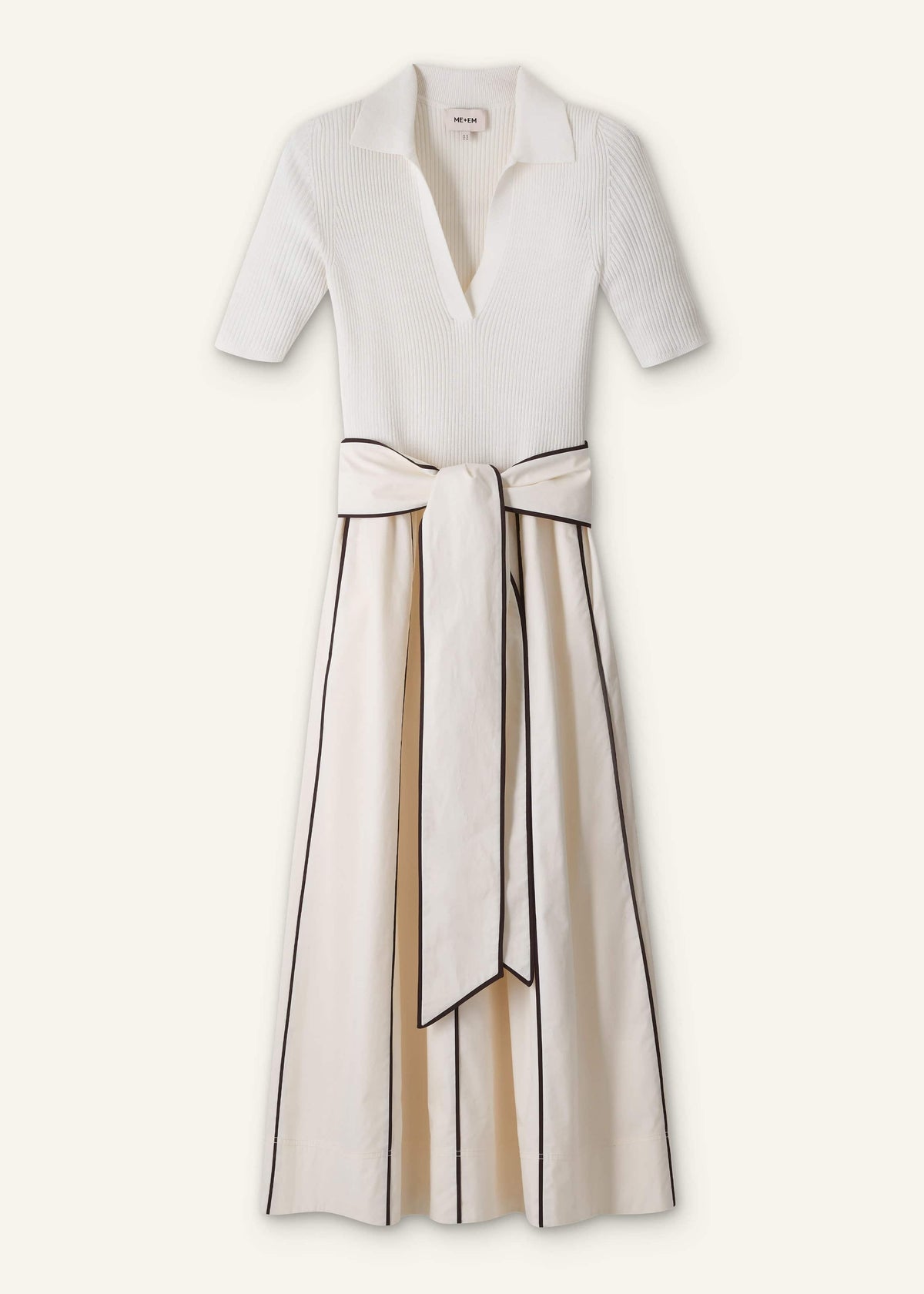 Cream Mixed Media Fit And Flare Midi Dress + Belt | ME+EM