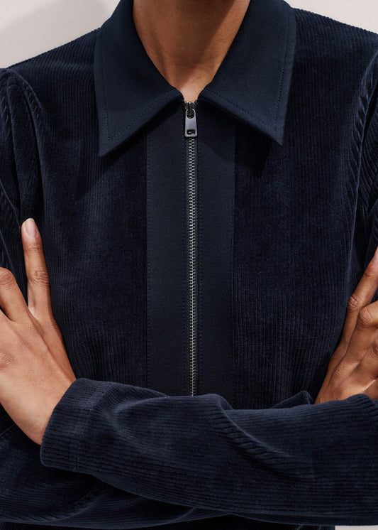 Navy Ponte Collared Cord Velour AM-PM Midi Dress | ME+EM
