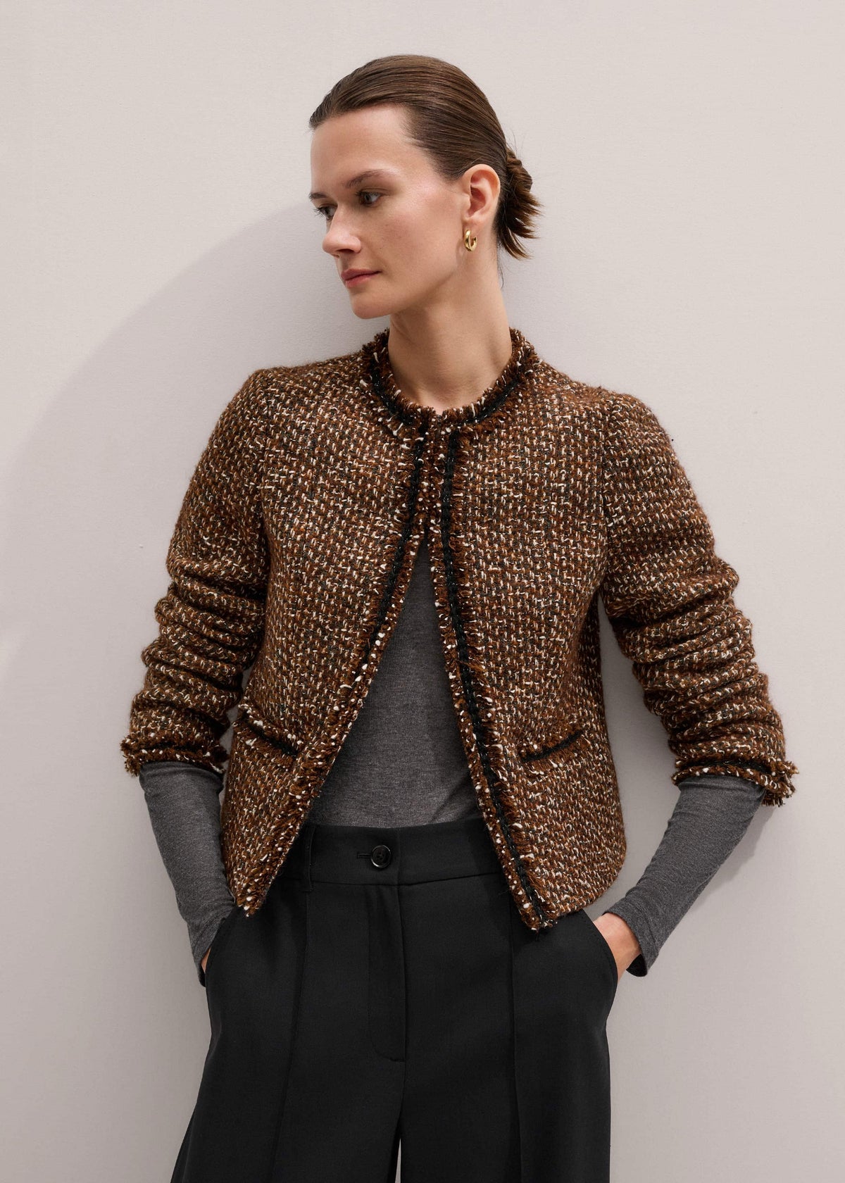 Brown Slim Tweed Fringed Jacket | ME+EM