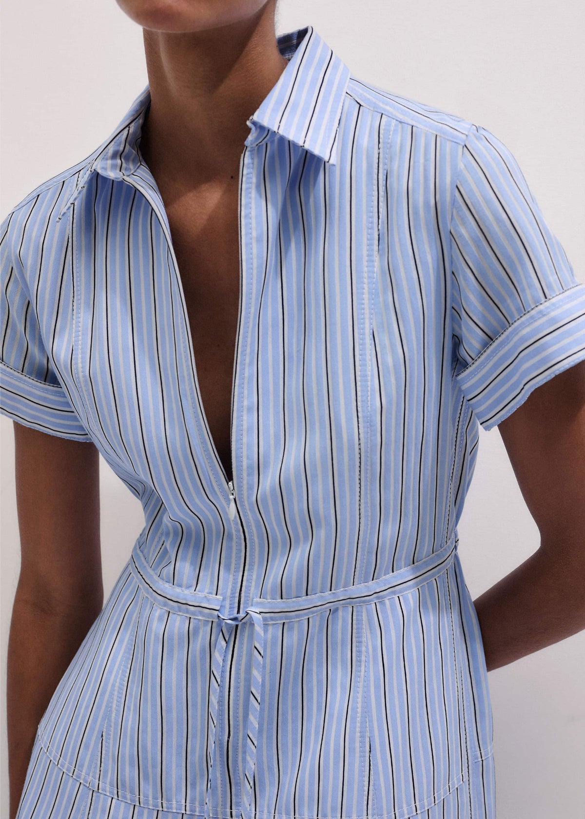 Blue Drawstring Waist Zip Neck Maxi Shirt Dress | ME+EM