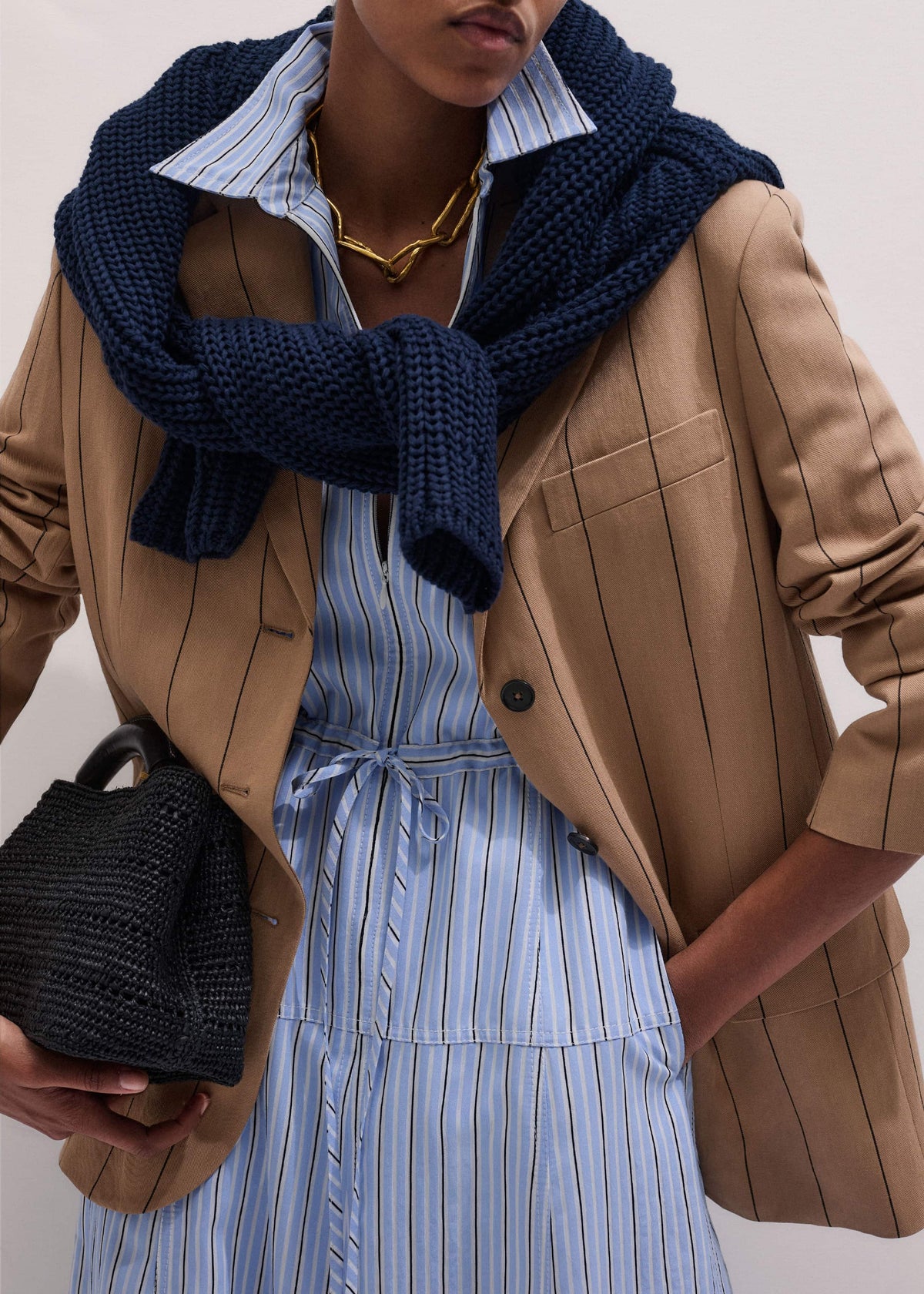 Blue Drawstring Waist Zip Neck Maxi Shirt Dress | ME+EM