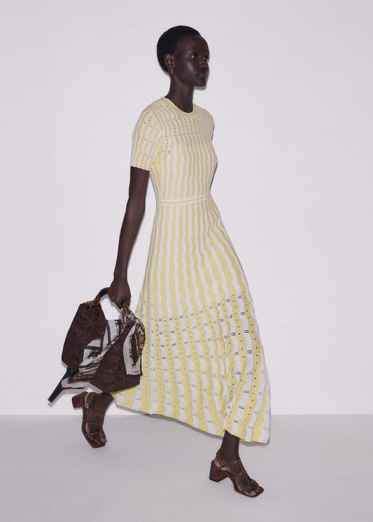 Yellow Textured Pointelle Stripe Knit Maxi Dress | ME+EM