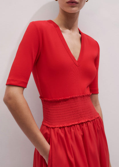 Red V-Neck Smocked Skirt Mixed Media Maxi Dress | ME+EM