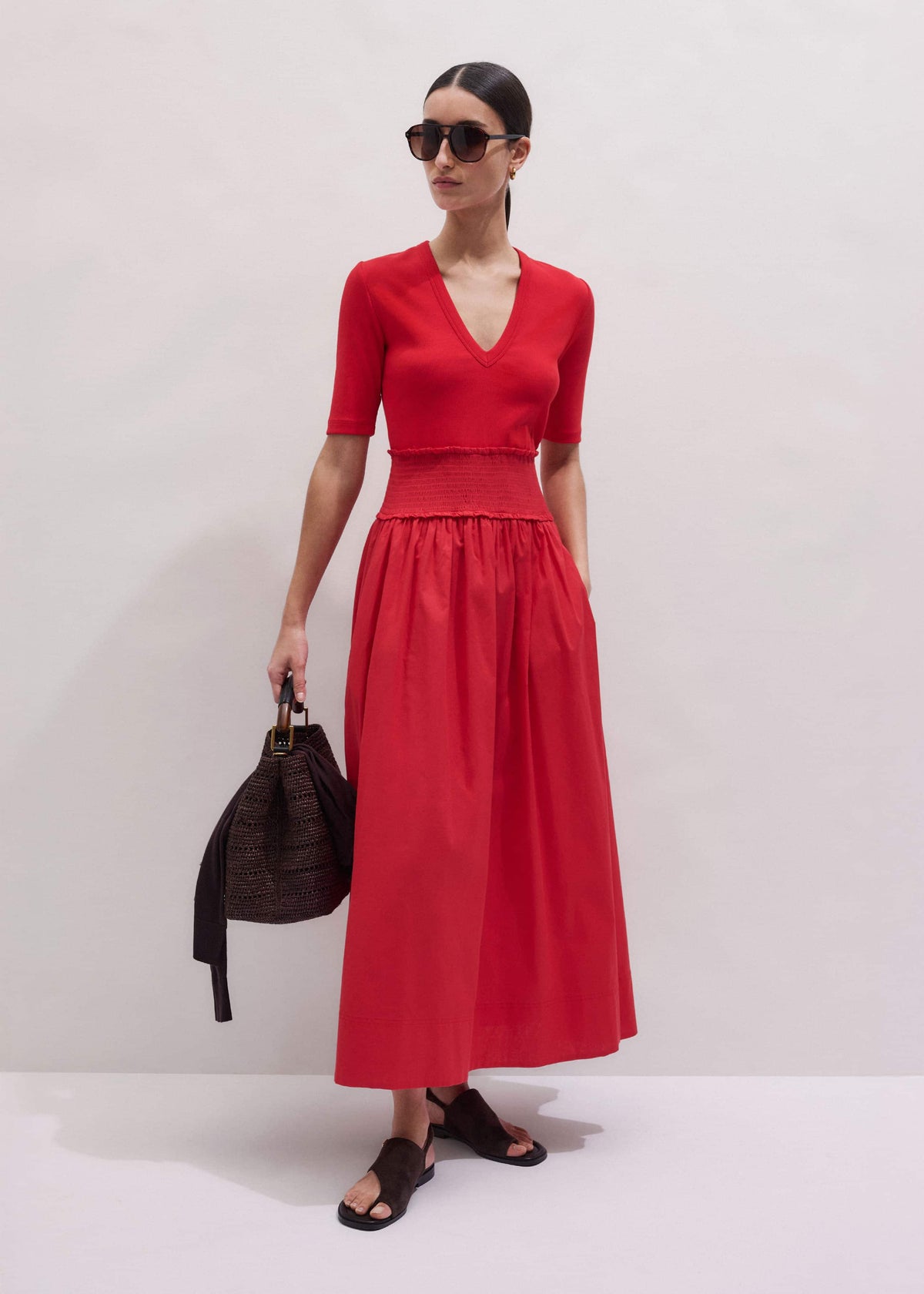 Red V-Neck Smocked Skirt Mixed Media Maxi Dress | ME+EM
