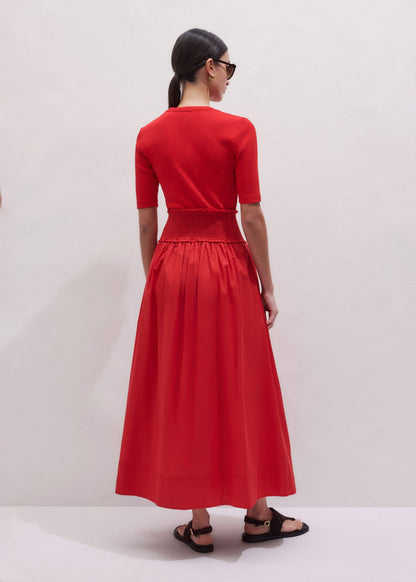 Red V-Neck Smocked Skirt Mixed Media Maxi Dress | ME+EM