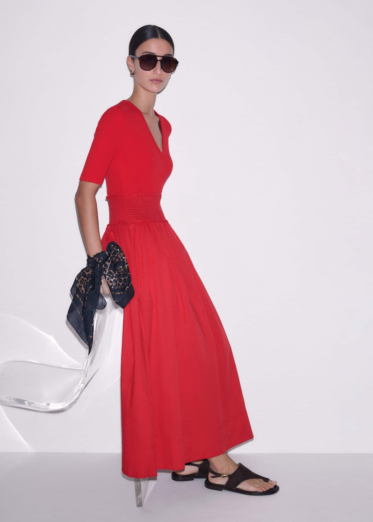 Red V-Neck Smocked Skirt Mixed Media Maxi Dress | ME+EM