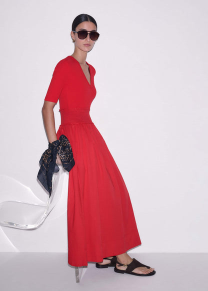 Red V-Neck Smocked Skirt Mixed Media Maxi Dress | ME+EM