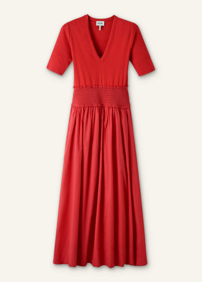 Red V-Neck Smocked Skirt Mixed Media Maxi Dress | ME+EM