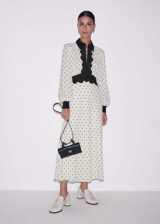 Cream Winter Polka Dot Lace Trim Maxi Dress | ME+EM