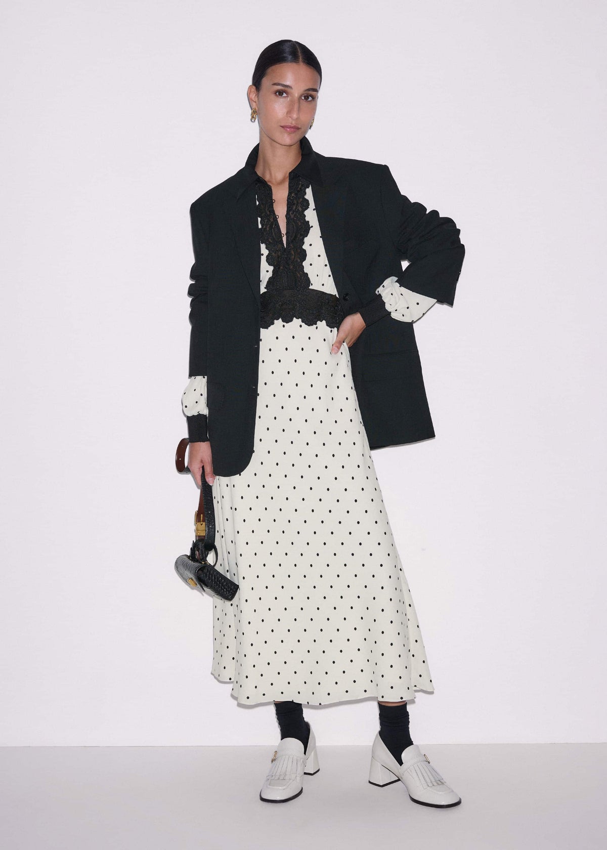 Cream Winter Polka Dot Lace Trim Maxi Dress | ME+EM