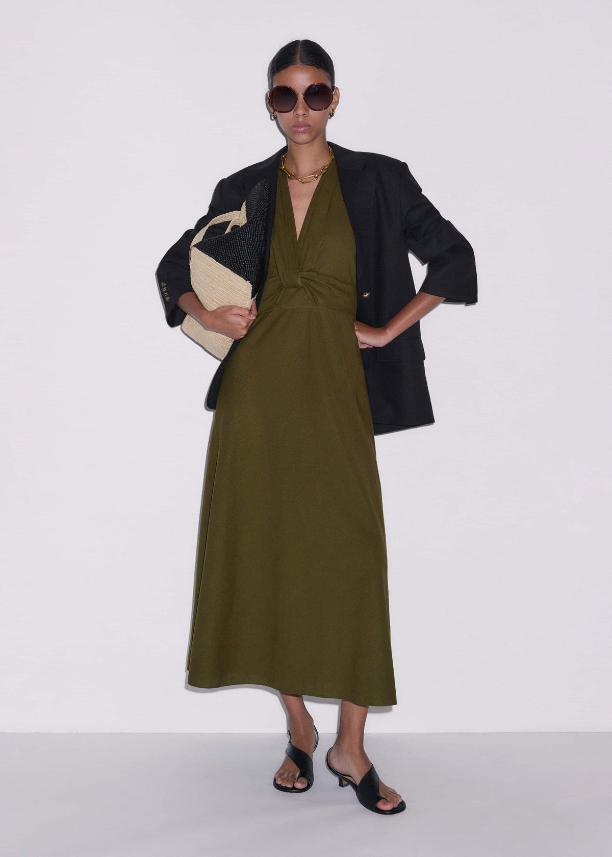 Olive Green Crease-Less Linen Twist Front Maxi Dress | ME+EM