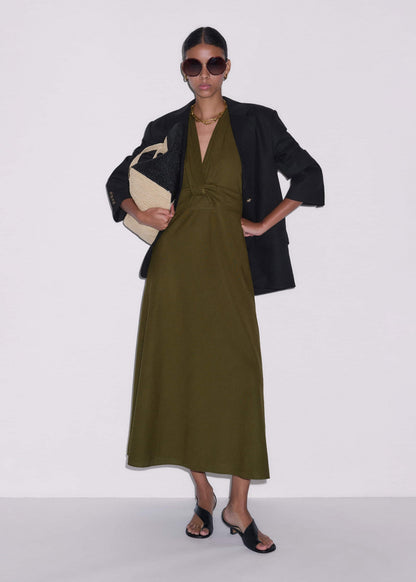 Olive Green Crease-Less Linen Twist Front Maxi Dress | ME+EM