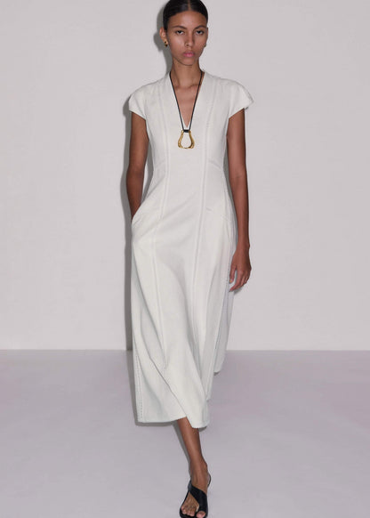 White Crease-Less Linen Embroidered Maxi Dress | ME+EM
