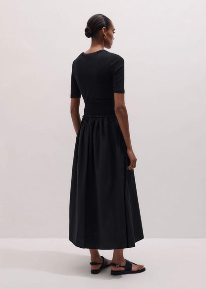 Black V-Neck Smocked Skirt Mixed Media Maxi Dress | ME+EM