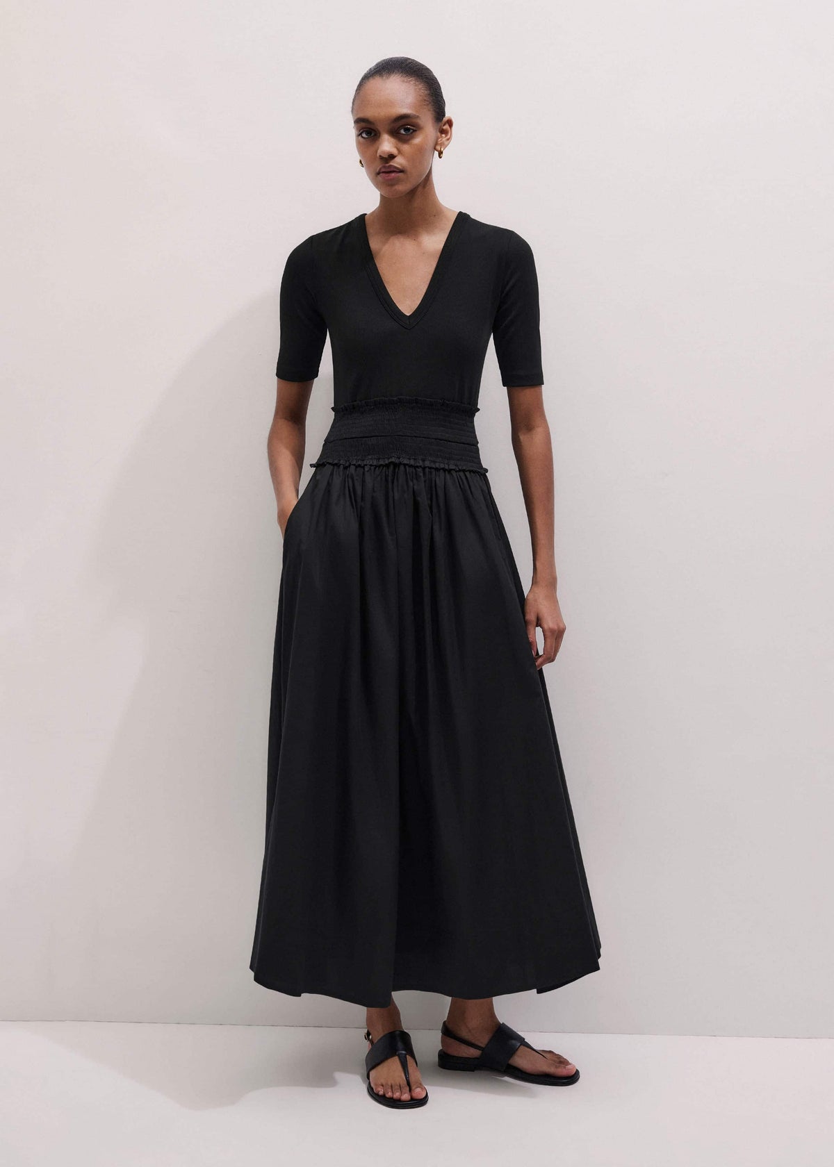 Black V-Neck Smocked Skirt Mixed Media Maxi Dress | ME+EM
