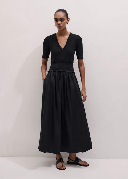 Black V-Neck Smocked Skirt Mixed Media Maxi Dress | ME+EM