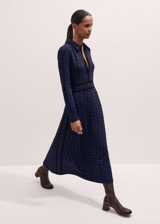Navy Houndstooth Jacquard Ponte Zip Neck Maxi Dress | ME+EM