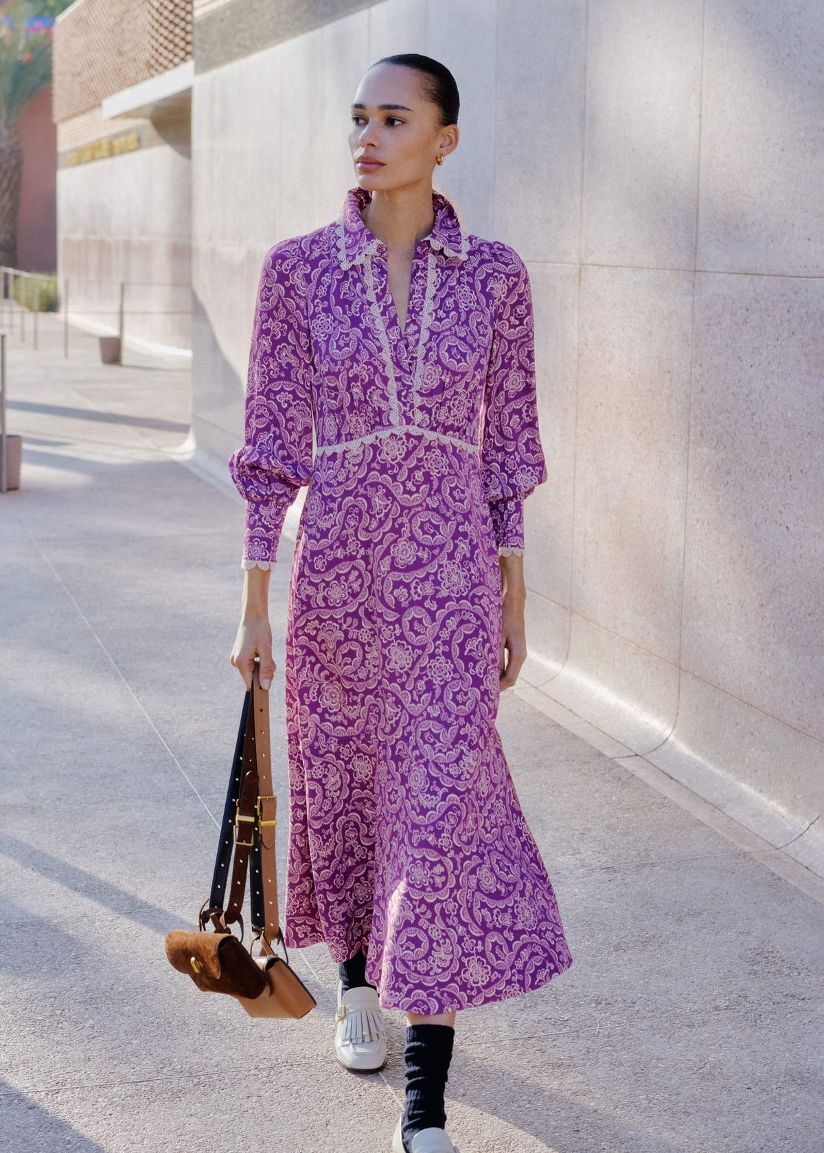 Purple Entangled Lace Print Fit + Flare Maxi Dress | ME+EM