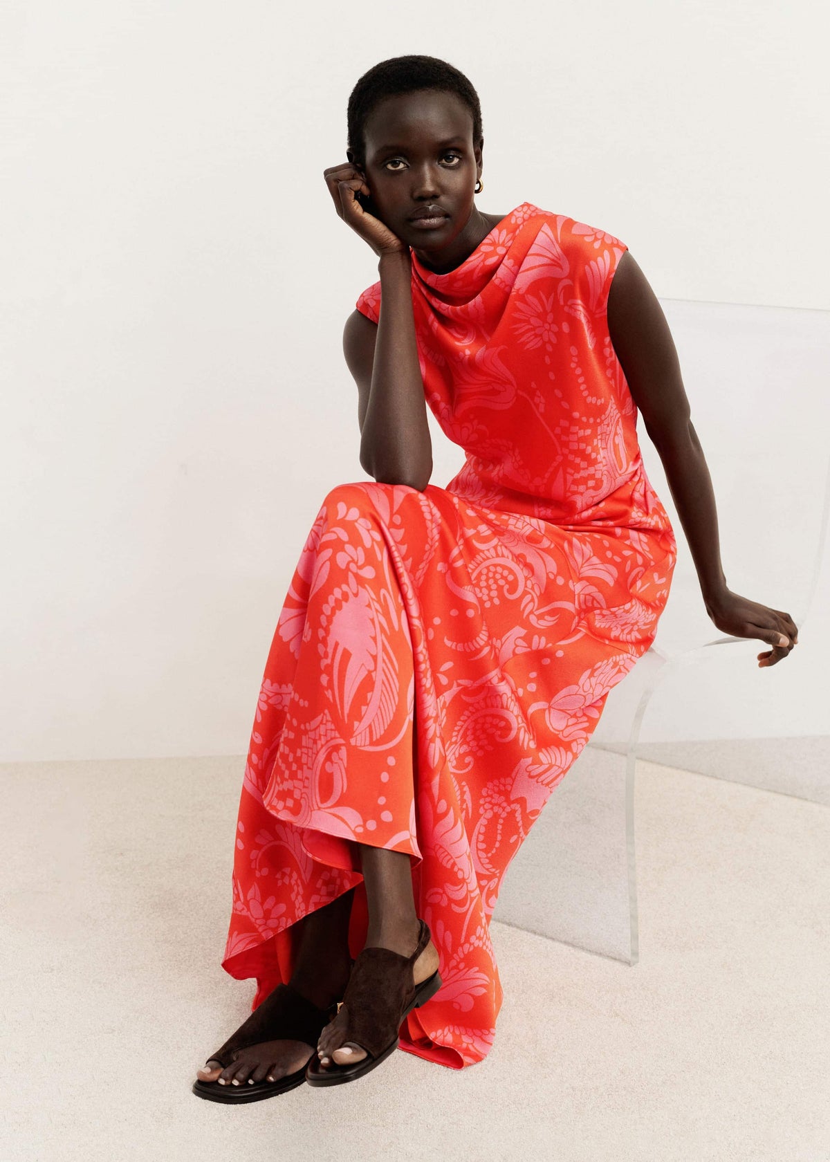 Orange Stylised Silhouette Print Bias Cut Full Length Dress | ME+EM