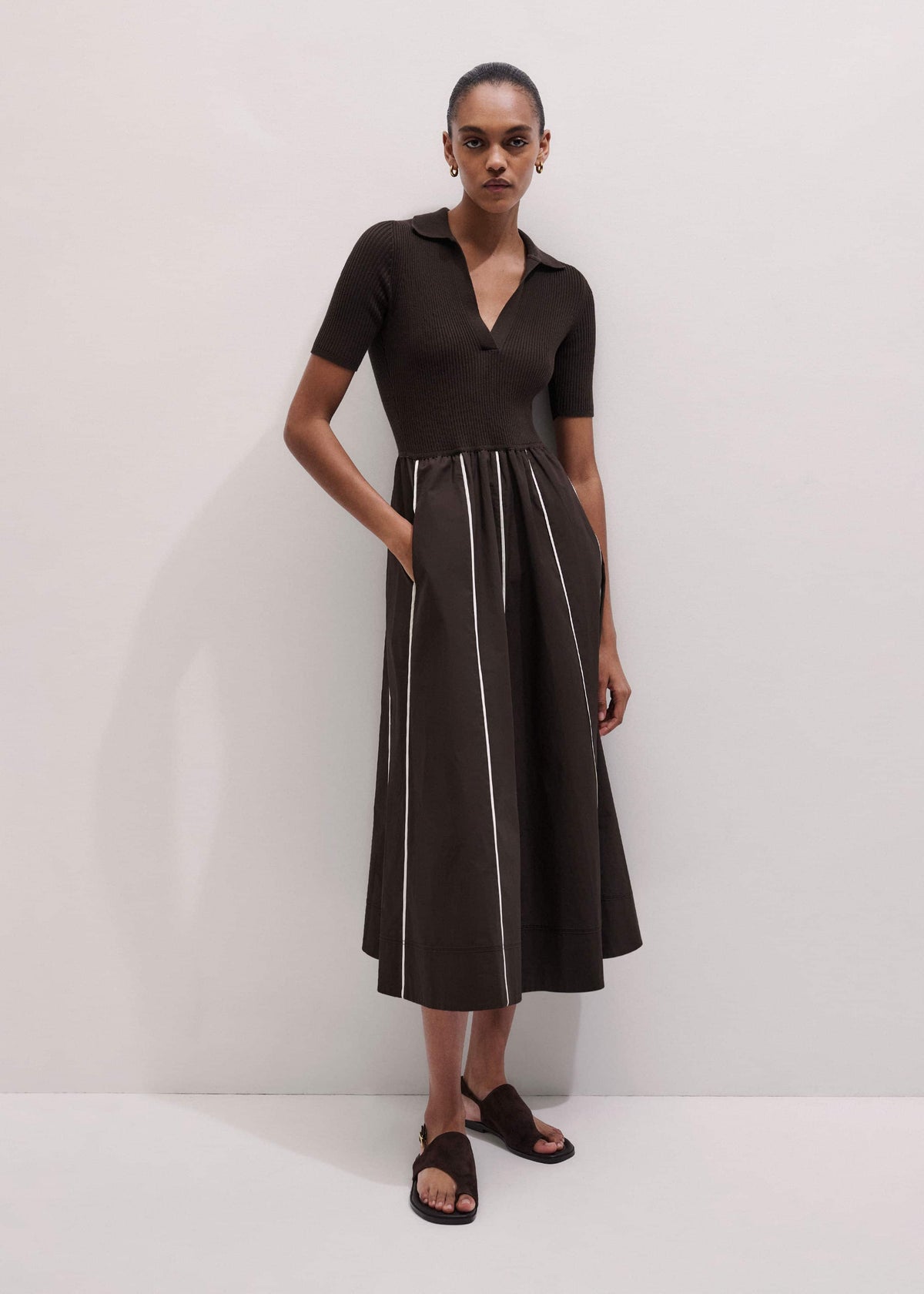 Brown Mixed Media Fit And Flare Midi Dress + Belt | ME+EM