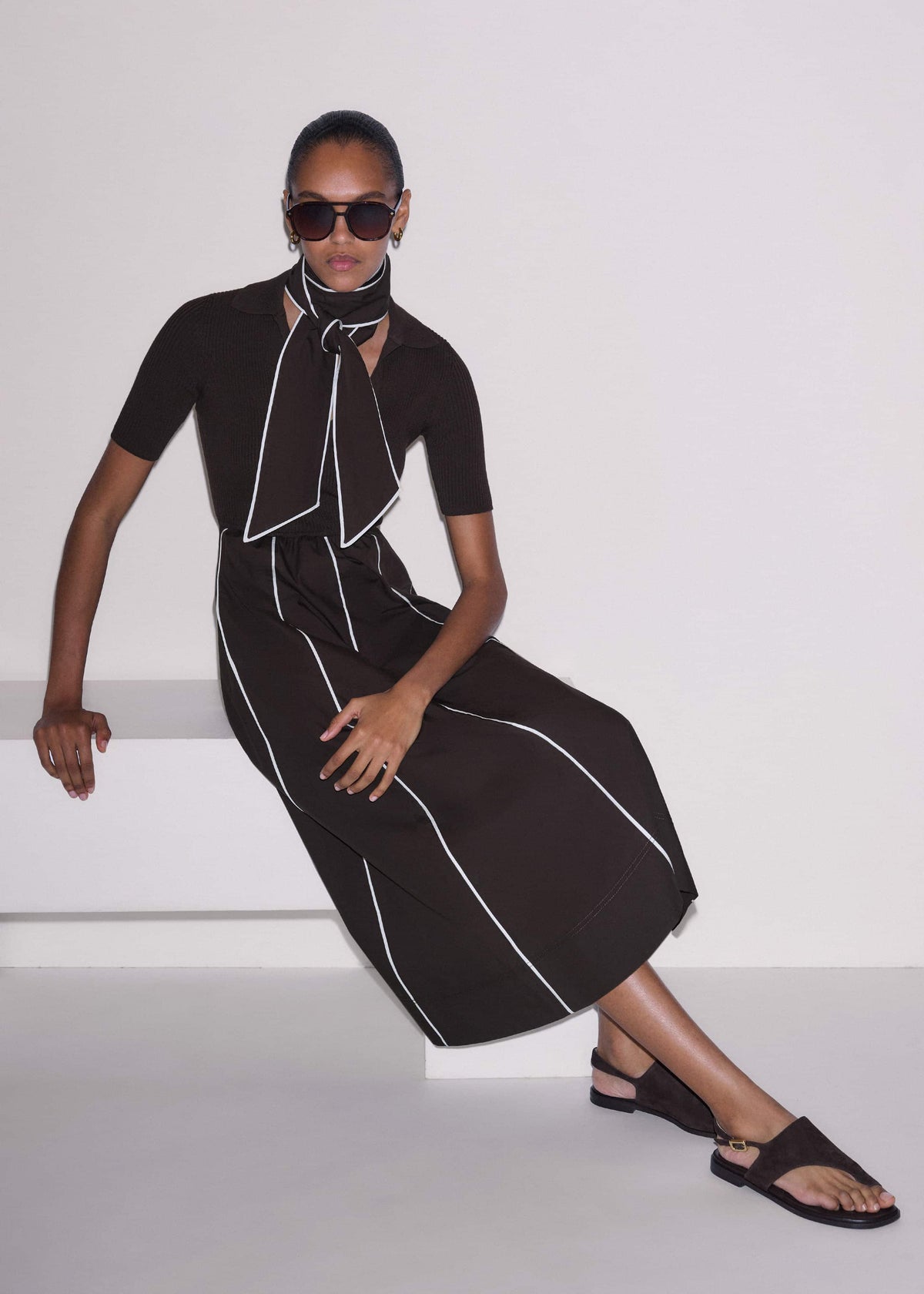 Brown Mixed Media Fit And Flare Midi Dress + Belt | ME+EM