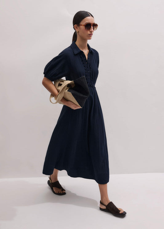Navy Cheesecloth Intricate Detail Fit + Flare Midi Dress | ME+EM
