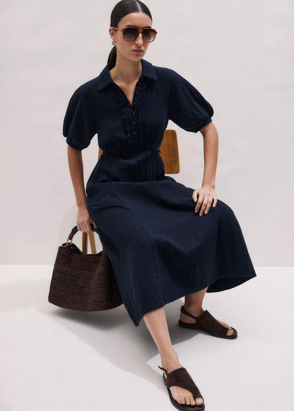 Navy Cheesecloth Intricate Detail Fit + Flare Midi Dress | ME+EM