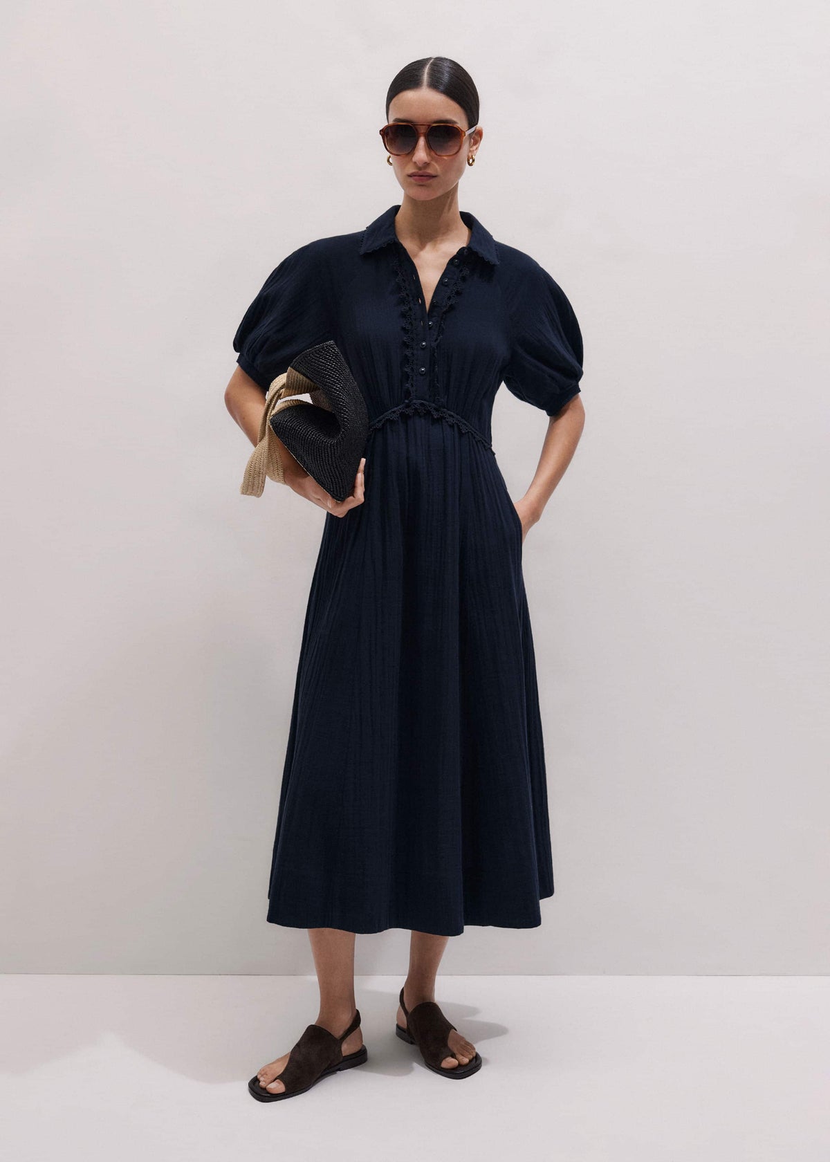 Navy Cheesecloth Intricate Detail Fit + Flare Midi Dress | ME+EM