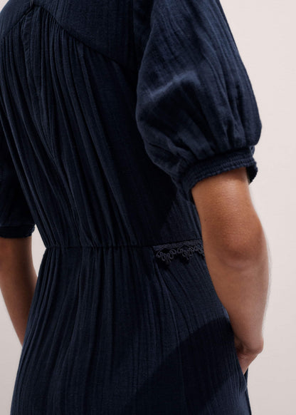 Navy Cheesecloth Intricate Detail Fit + Flare Midi Dress | ME+EM