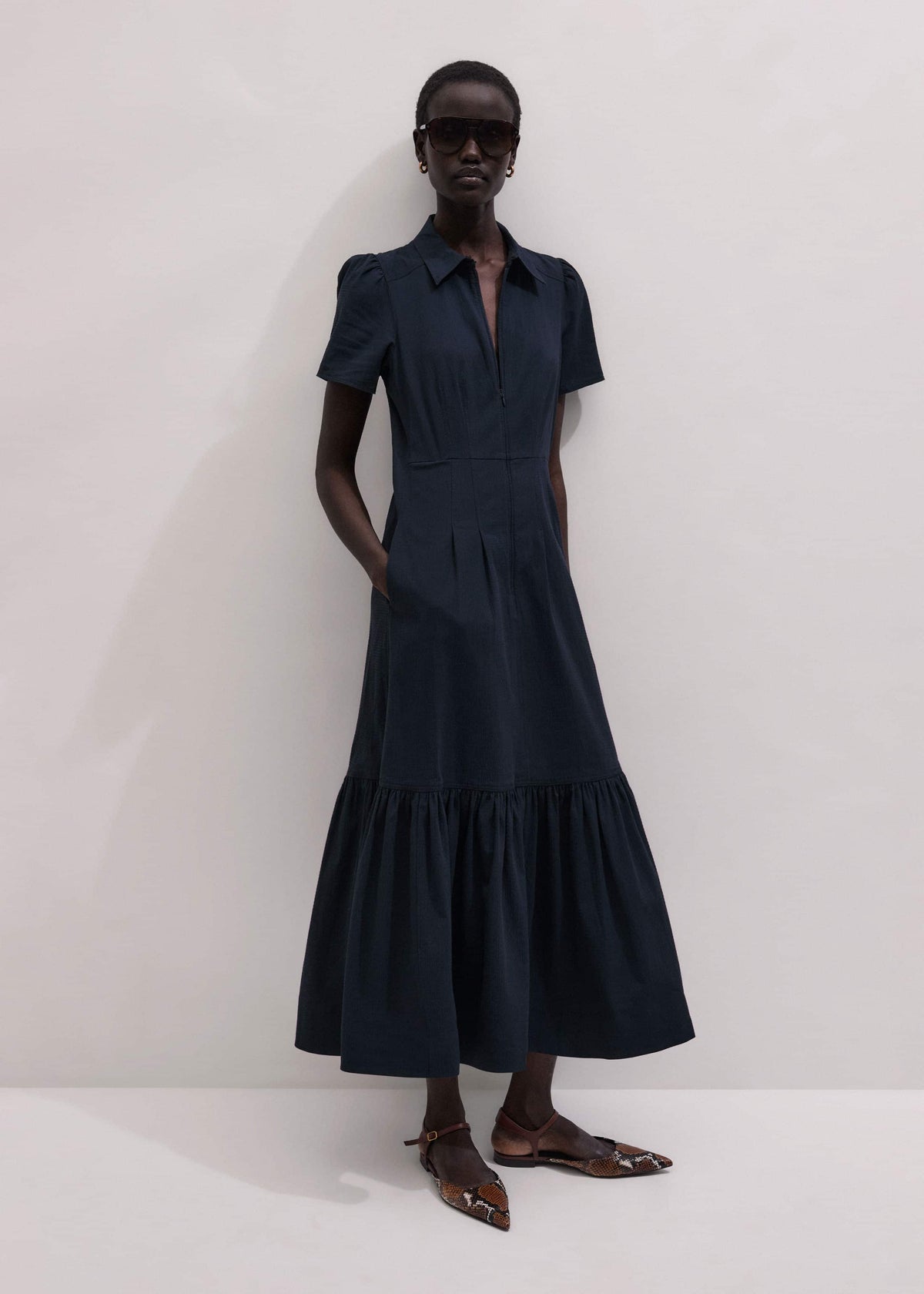 Navy Cotton Seersucker Fit + Flare Midi Dress | ME+EM