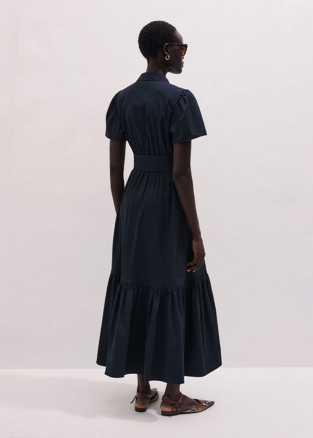 Navy Cotton Seersucker Fit + Flare Midi Dress | ME+EM