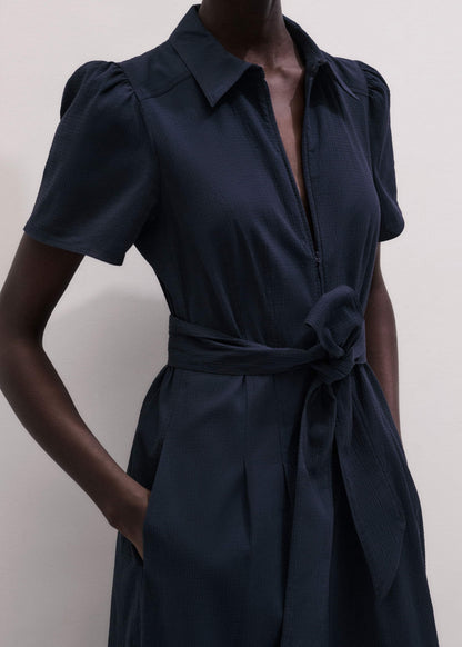 Navy Cotton Seersucker Fit + Flare Midi Dress | ME+EM