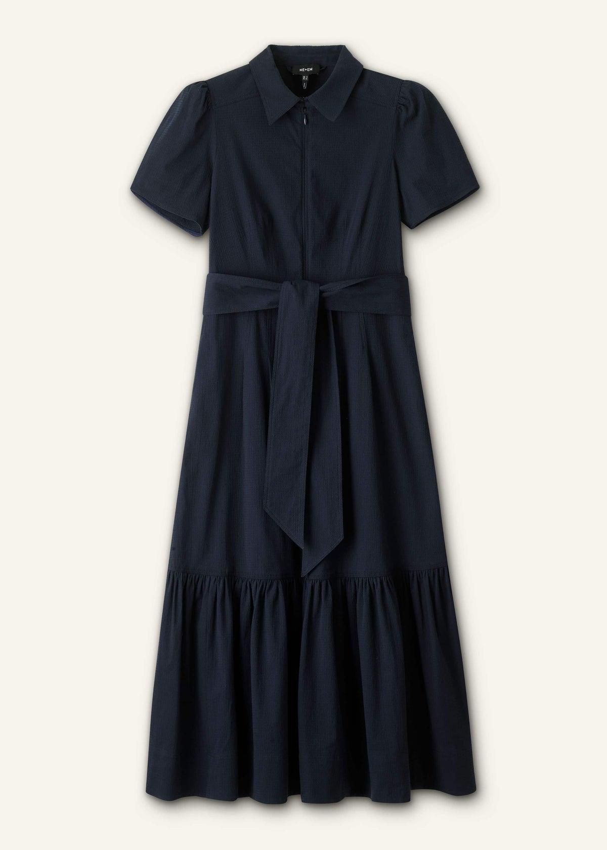 Navy Cotton Seersucker Fit + Flare Midi Dress | ME+EM
