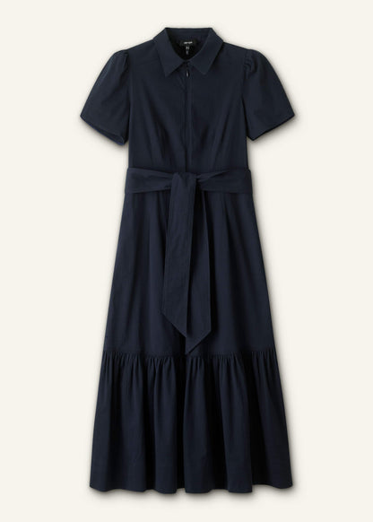 Navy Cotton Seersucker Fit + Flare Midi Dress | ME+EM