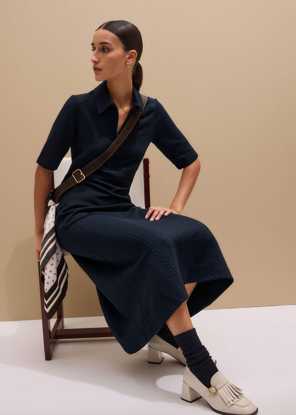 Navy Cable Jacquard Half-Zip Midi Dress | ME+EM
