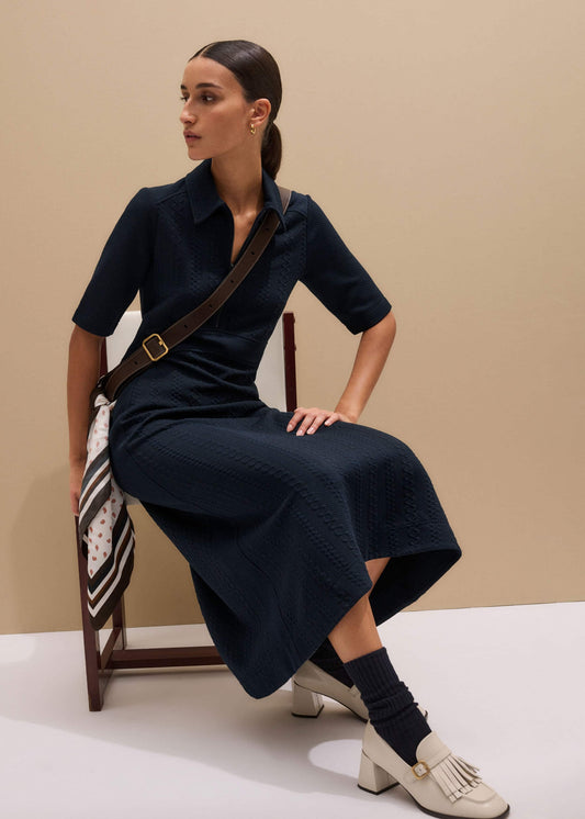 Navy Cable Jacquard Half-Zip Midi Dress | ME+EM