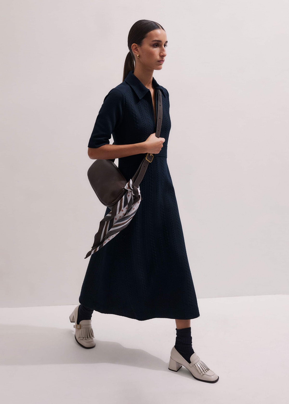 Navy Cable Jacquard Half-Zip Midi Dress | ME+EM