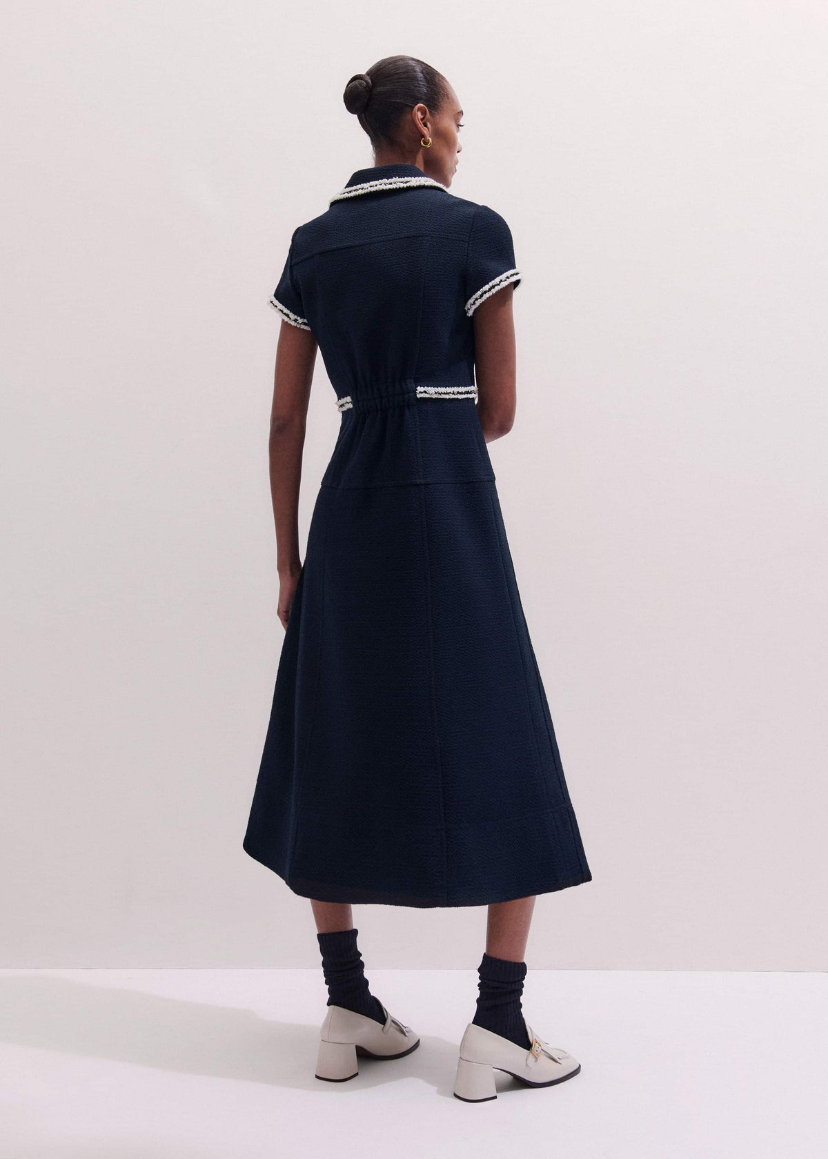 Navy Fit + Flare Fray Trim Midi Dress | ME+EM