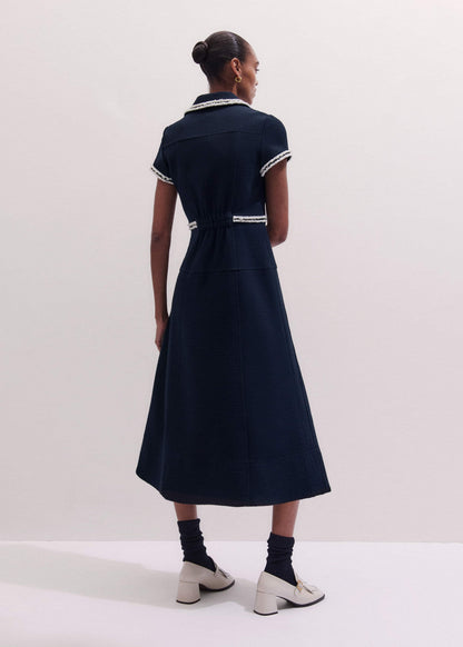 Navy Fit + Flare Fray Trim Midi Dress | ME+EM
