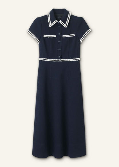 Navy Fit + Flare Fray Trim Midi Dress | ME+EM