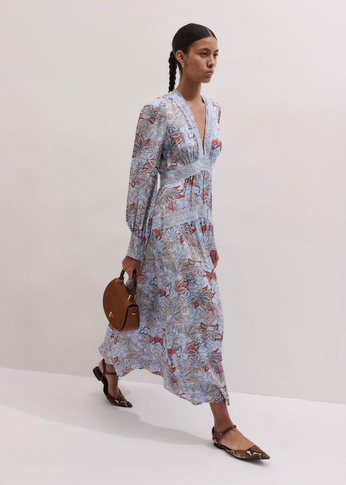 Blue Silk Delicate Paisley Print Fit + Flare Maxi Dress | ME+EM