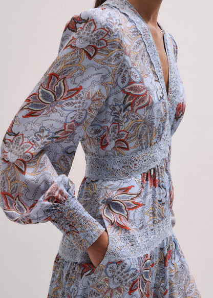 Blue Silk Delicate Paisley Print Fit + Flare Maxi Dress | ME+EM
