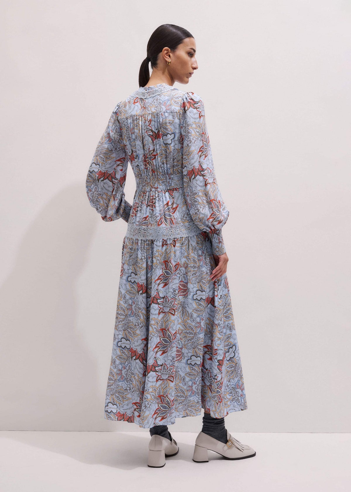 Blue Silk Delicate Paisley Print Fit + Flare Maxi Dress | ME+EM