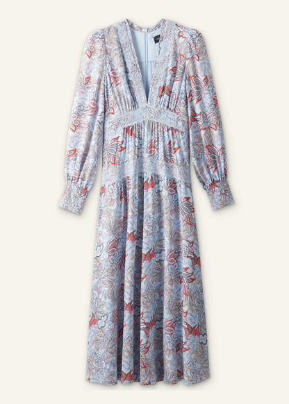 Blue Silk Delicate Paisley Print Fit + Flare Maxi Dress | ME+EM