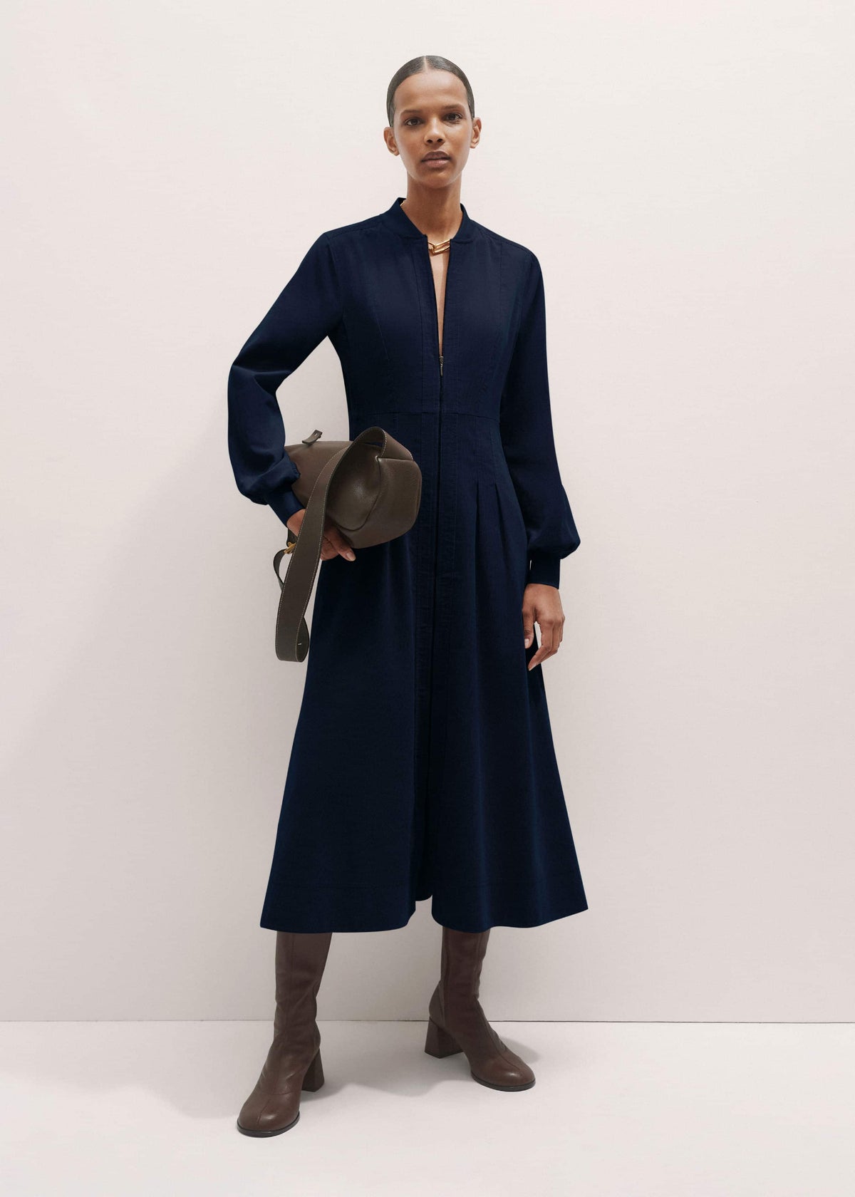 Navy Cotton Cord Pleated Midi Dress | ME+EM