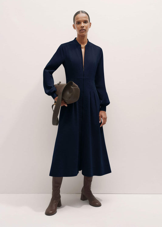 Navy Cotton Cord Pleated Midi Dress | ME+EM