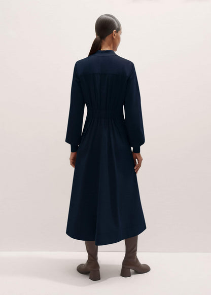 Navy Cotton Cord Pleated Midi Dress | ME+EM