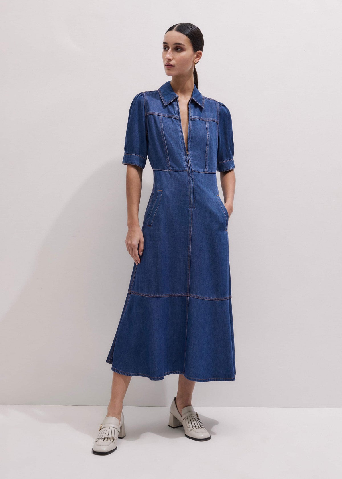 Blue Fluid Fit + Flare Midi Dress + Belt | ME+EM